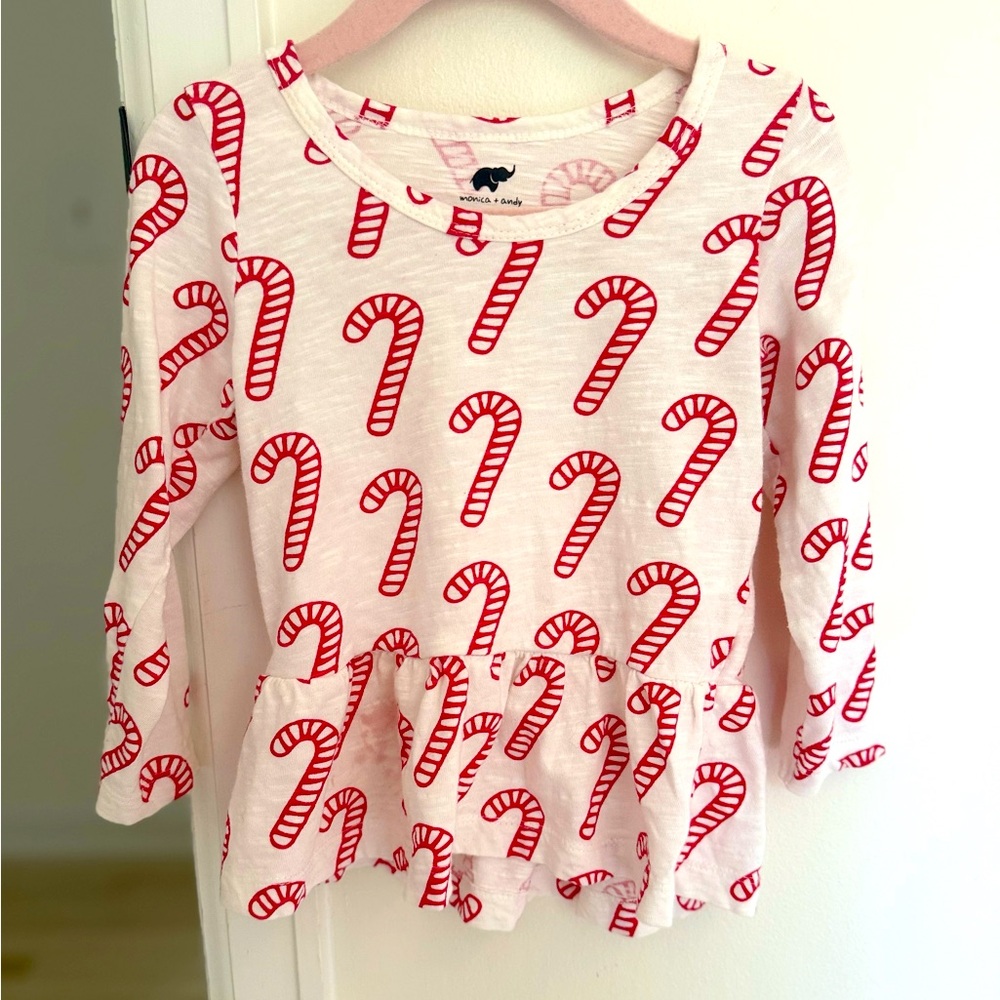 🎅🏼 Monica + Andy Candy Cane Long Sleeve Peplum Top - Girls Size 3T (toddler)
